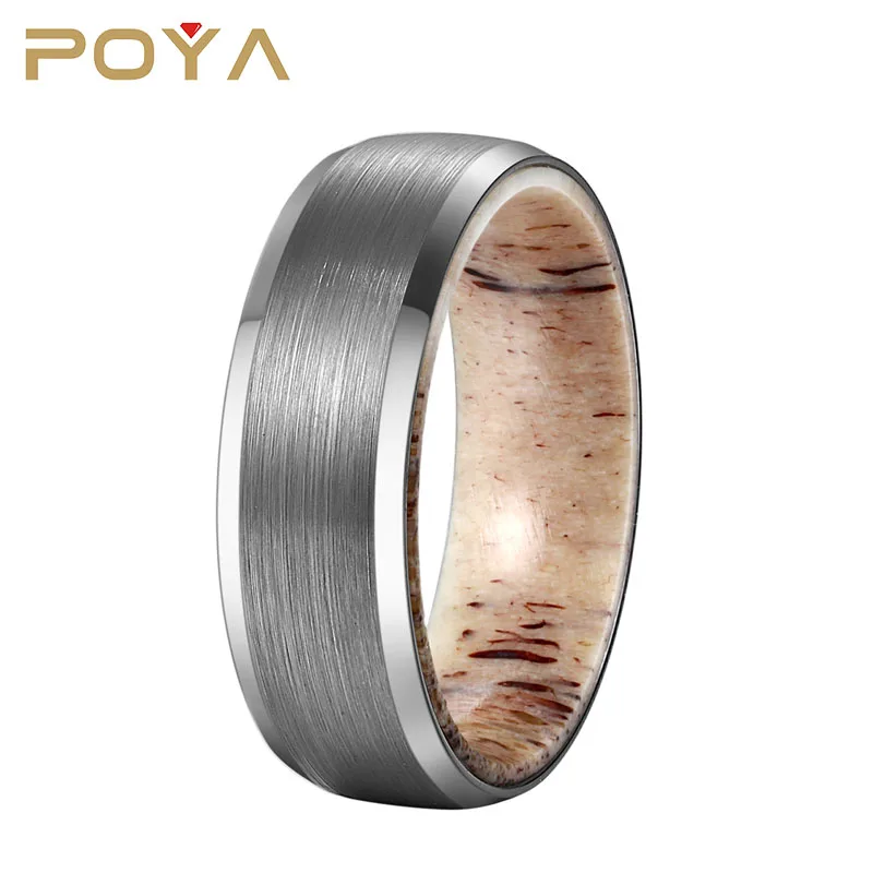 

POYA Jewelry 8mm Matte Finish Tungsten Ring Beveled Edges Deer Antler Sleeve Inlay Men's Hunting Wedding Band