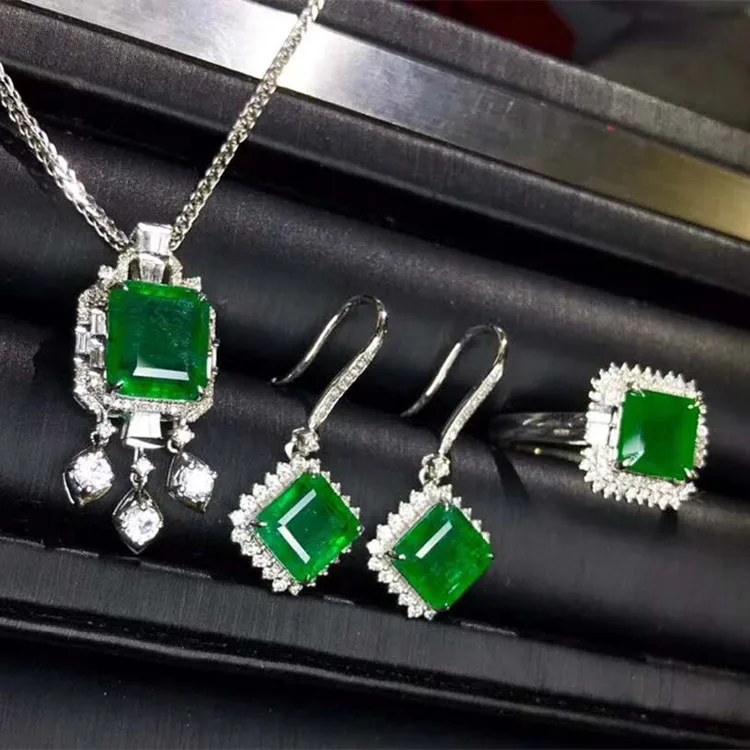 

hot sell South Africa real diamond natural green emerald earring necklace pendant ring 18k gold gemstone Jewelry Set