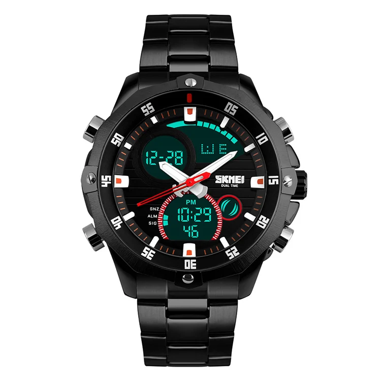 SKMEI Dual Time Digital Waterproof Watch With Alarm Stainless Steel Multifunction Sports Quartz Calendar Wristwatch for Men