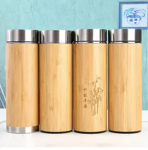 Image of Insulated Vacuum bamboo Flask With Tea Infuser Bamboo Water bottle 450ml 16OZ