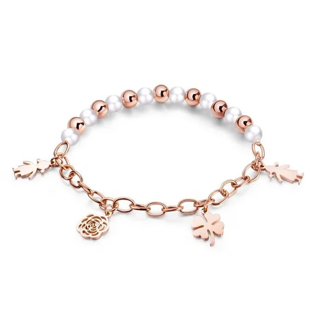

Plated Rose Gold Jewelry 316L Stainless Steel With Four-leaf Clover Artificial Pearl Bracelet, White, rose gold