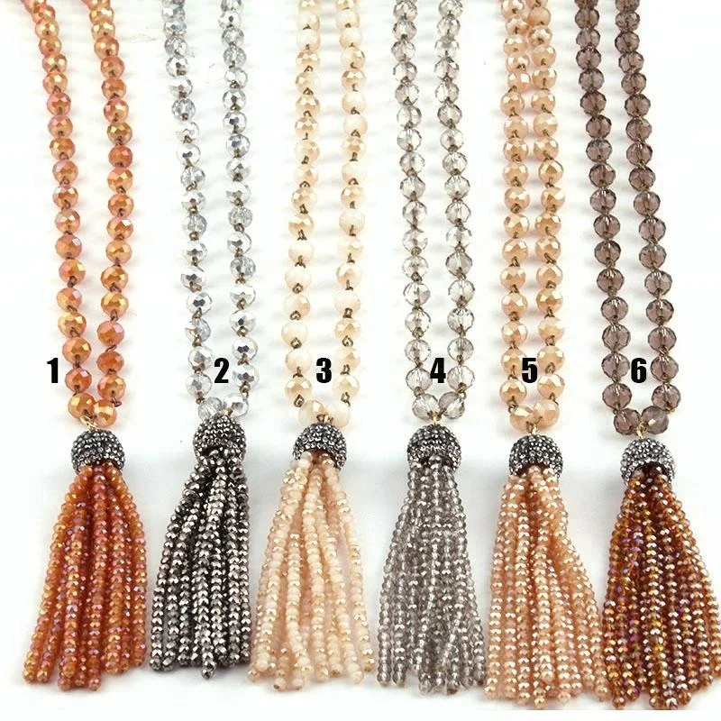 

Fashion 5x8 Long Women Grey Crystal Glass Rosary Chain Necklace Square Druzy Crystal Glass Tassel Necklace