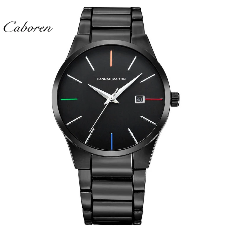 

HannahMartin Hot sale men business watch 3 atm water resistant stainless steel mens wrist watches, Black sliver white gold