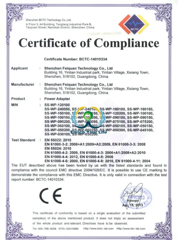 Shenzhen Speed Sources Technology Co., Ltd. CE EMC Certification Power Adapter