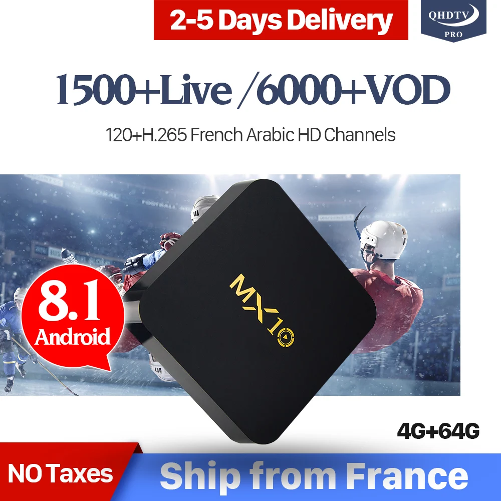 

Android 8.1 TV Box MX10 4GB 64GB RK3328 with 1 Year QHDTV PRO Subscription H265 French Arabic IPTV Shipped from France, Balck