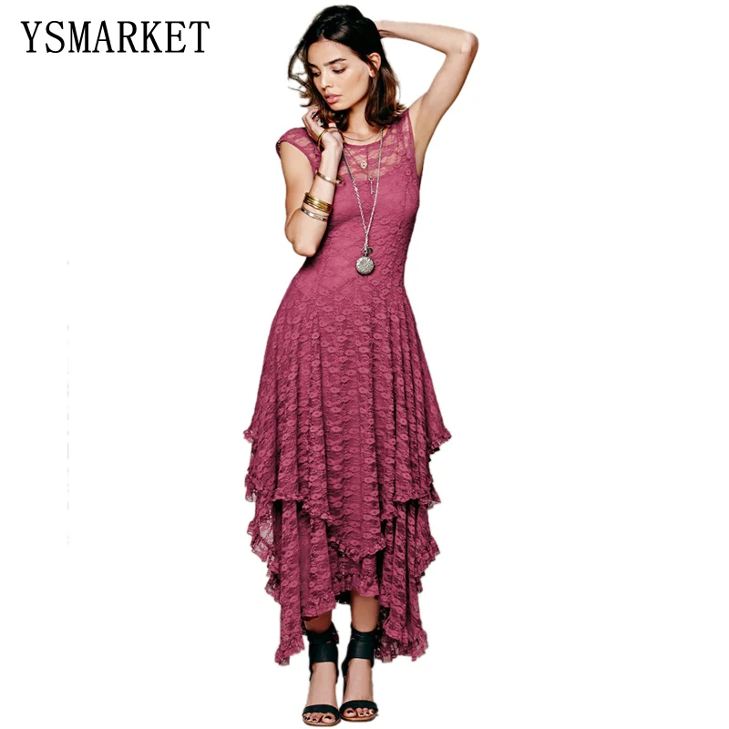 

Irregular Lace Dress Boho Hippie Style Asymmetrical Embroidery Sheer Long Dress Double Layered Ruffled Trimming Low No Lining, N/a