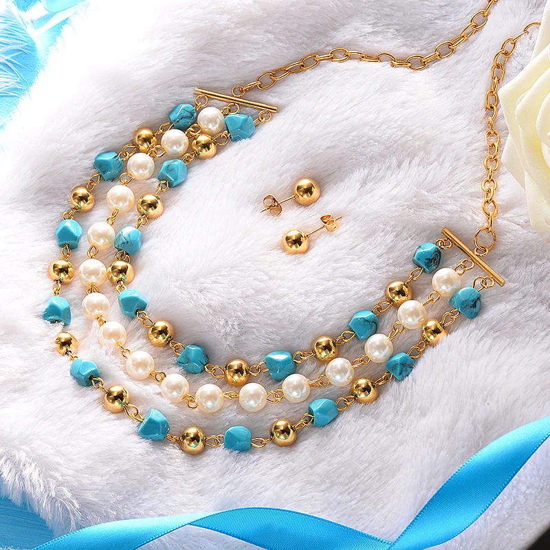 

BAOYAN Indian Dubai Gold Plated Natural Turquoise Pearl Bead Bridal Jewelry Set, Gold color