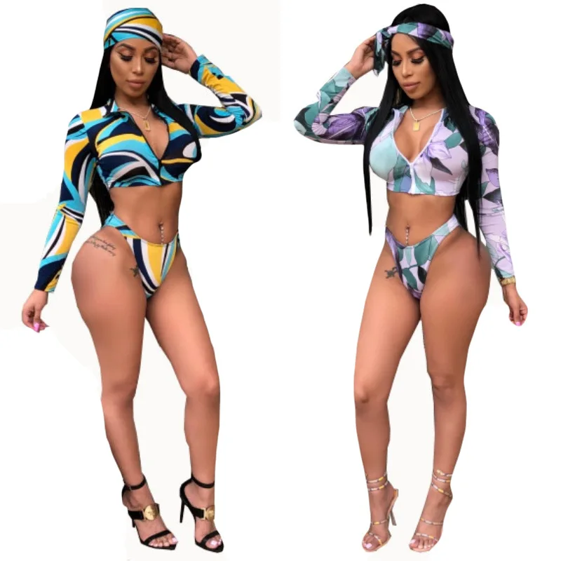 

Wholesale M7002-89146 STOCK Print Long Sleeve Bathing Suit Zipper Front 3Pieces High Waist Bikini Set