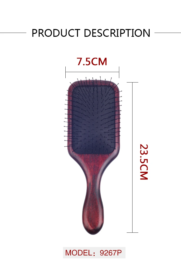 EUREKA 9267P-R Engraved Wooden Square Paddle Hair Brush Rubber Wood Hair Brush Massage Classical Style Hair Brush