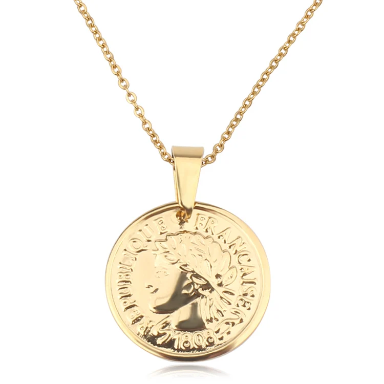 

Custom Stainless Steel Necklace Gold Coin Jewelry For Women Pendant Necklace, Steel;gold;(also accept customized)
