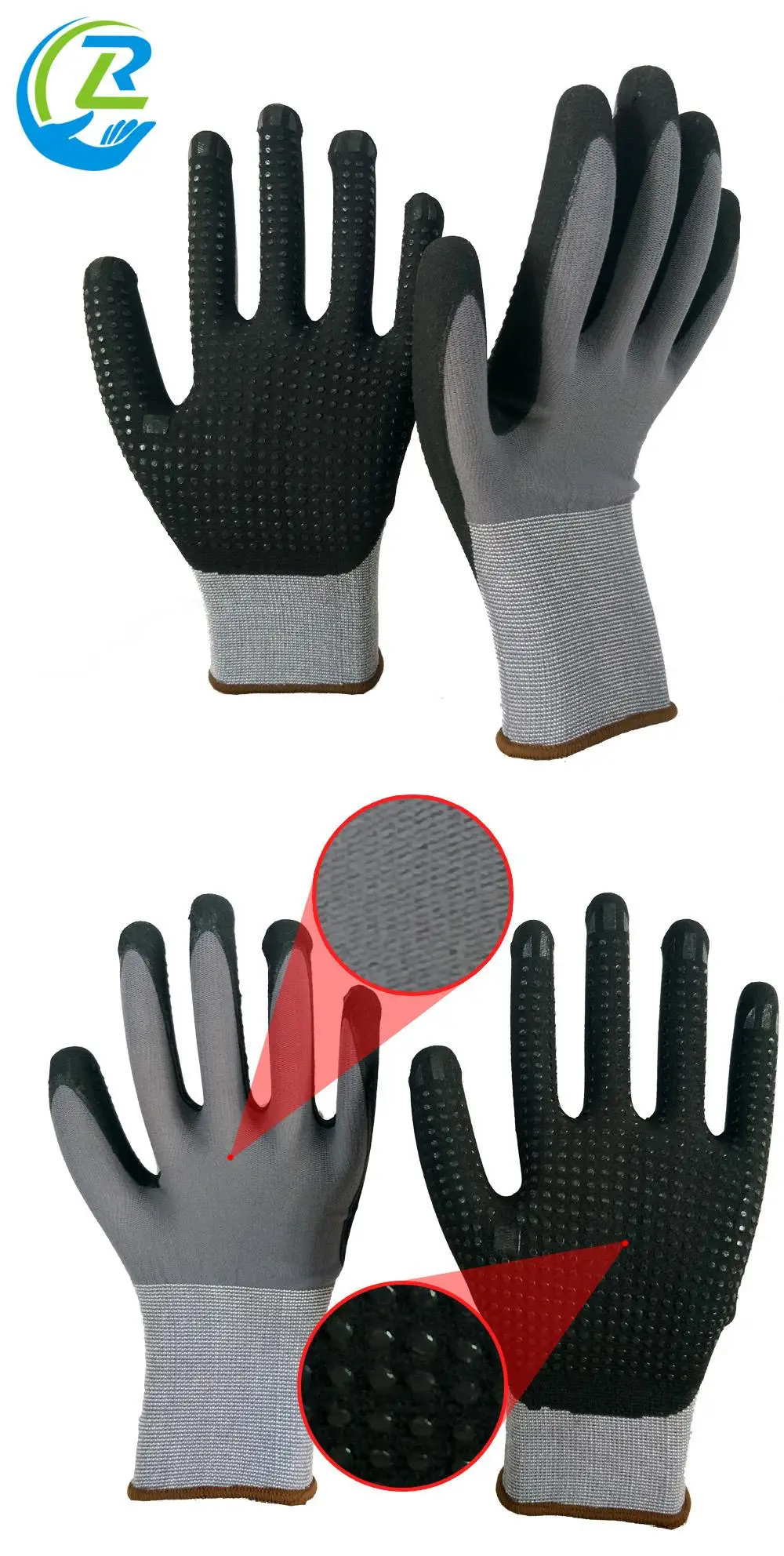 Nylon Liner Micro Foam Nitrile Coated Glove With Nitrile Dots On Palm