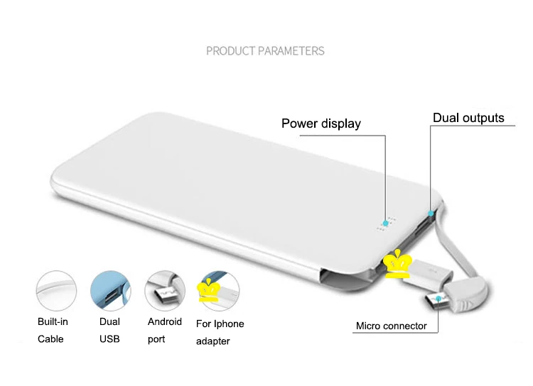 Portable custom logo 5000mah ultra slim phone charger built-in charging cable