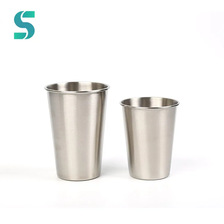 

Set of 4 Metal Travel Drinking 16OZ 18/8 Coffee Stainless Steel Tumbler Pint Cup, Sliver