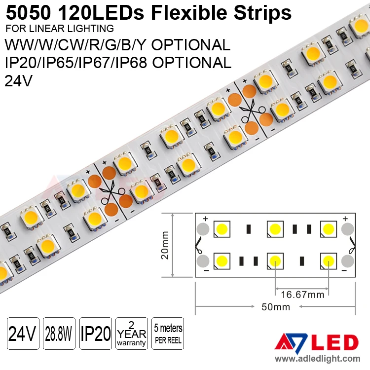 High power 24v 120leds white warm white cold white led strip 5050 for jewellery showcase counters