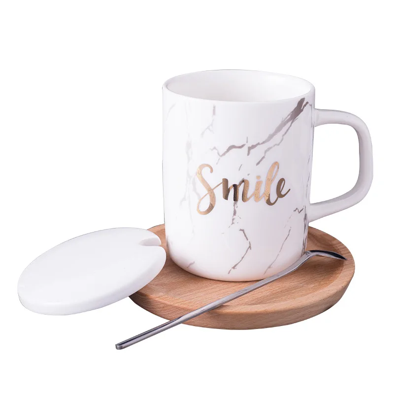 

Drinkware Porcelain Tea Cup Marble Coffee Mug with Spoon, White,black