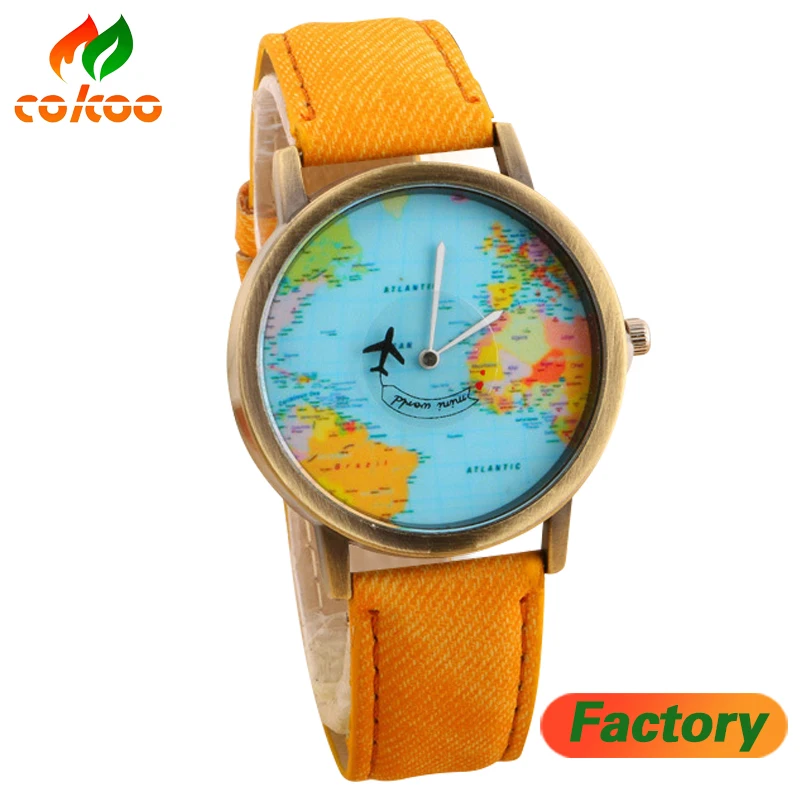 

2016 Mini World Map Watch Jean Fabric Vogue Child Lady Leather Watch