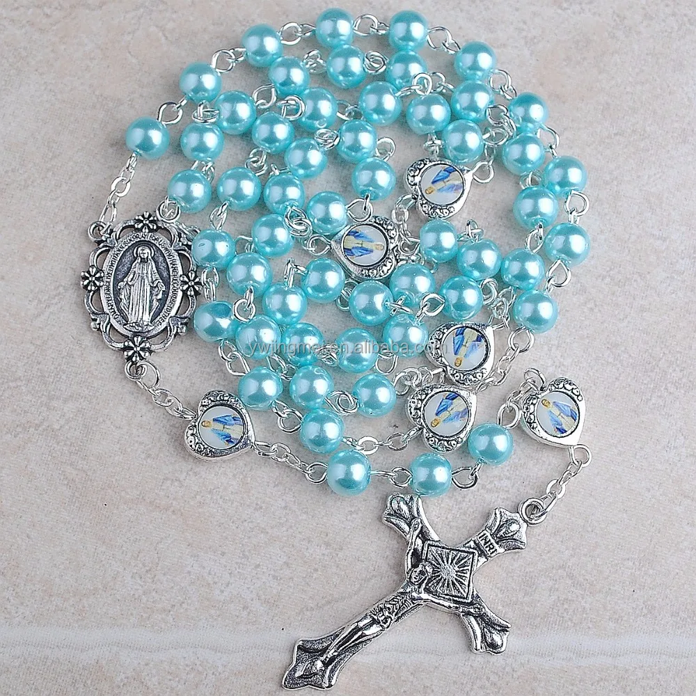 6mm Light Blue Pearl beads with Miraculous Medal Catholic Rosary for Free