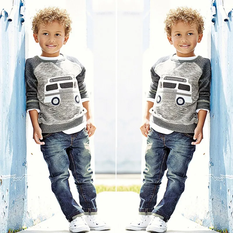 

GX149A fashion kids boy autumn winter long sleeve denim trousers set children clothes clothing set, As picture showed