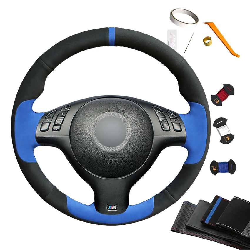 

Black Blue Suede Hand Sewing Custom Steering Wheel Cover for BMW 3 5 Series E46 E39 M3 M5 330i 330Ci 525i 540i 2002