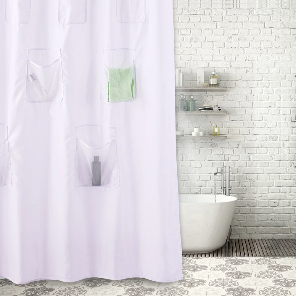 

100% Polyester Water-Repellent Shower Curtain Pockets,Shower Curtain with Pockets