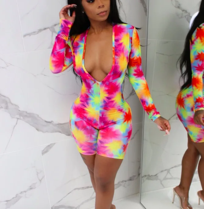 Colorful Tie Dye Sexy Bodycon Jumpsuit Women Summer O Neck Sleeveless One Piece Overall Casual High Waist Short Party Bodysuit