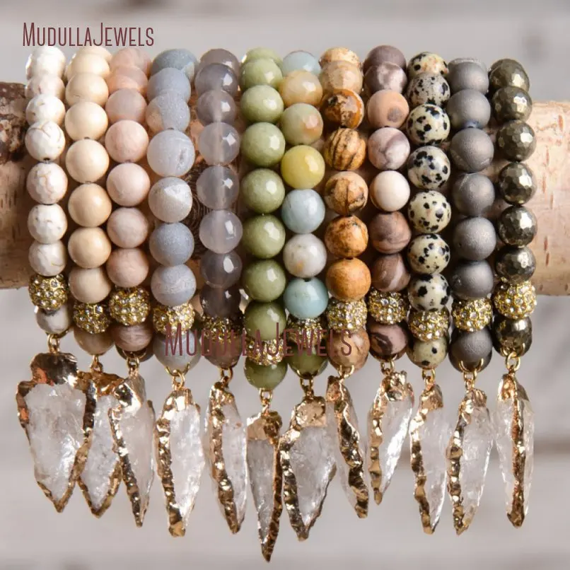 

BM17426 Clear Quartz Crystal Arrowhead Bracelet Gemstone Beaded Bracelet Boho Stretch Gold Rhinestone Ball Bracelet, N/a