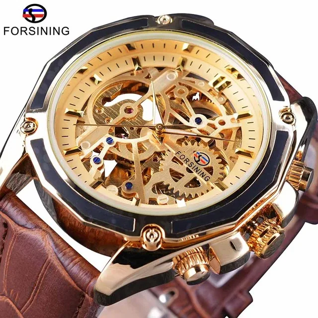 

Forsining Transparent Case Gear Movement Steampunk Men Automatic Skeleton Watch Top Brand Luxury Open Work Design Self Winding, 4 colors