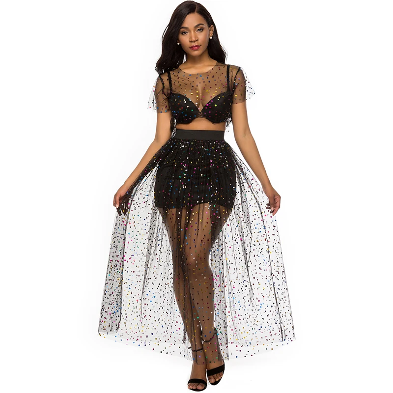 2019 Summer New Designs Fashion Sexy Tulle Polka Dot Transparent Breathable Two Piece Set Women Clothing