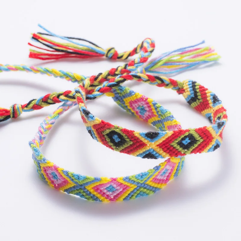 

Handmade Nepal Cotton Cord Woven 1.5cm Width Geometric Tribal Pattern Macrame Friendship Bracelet, 14 colors
