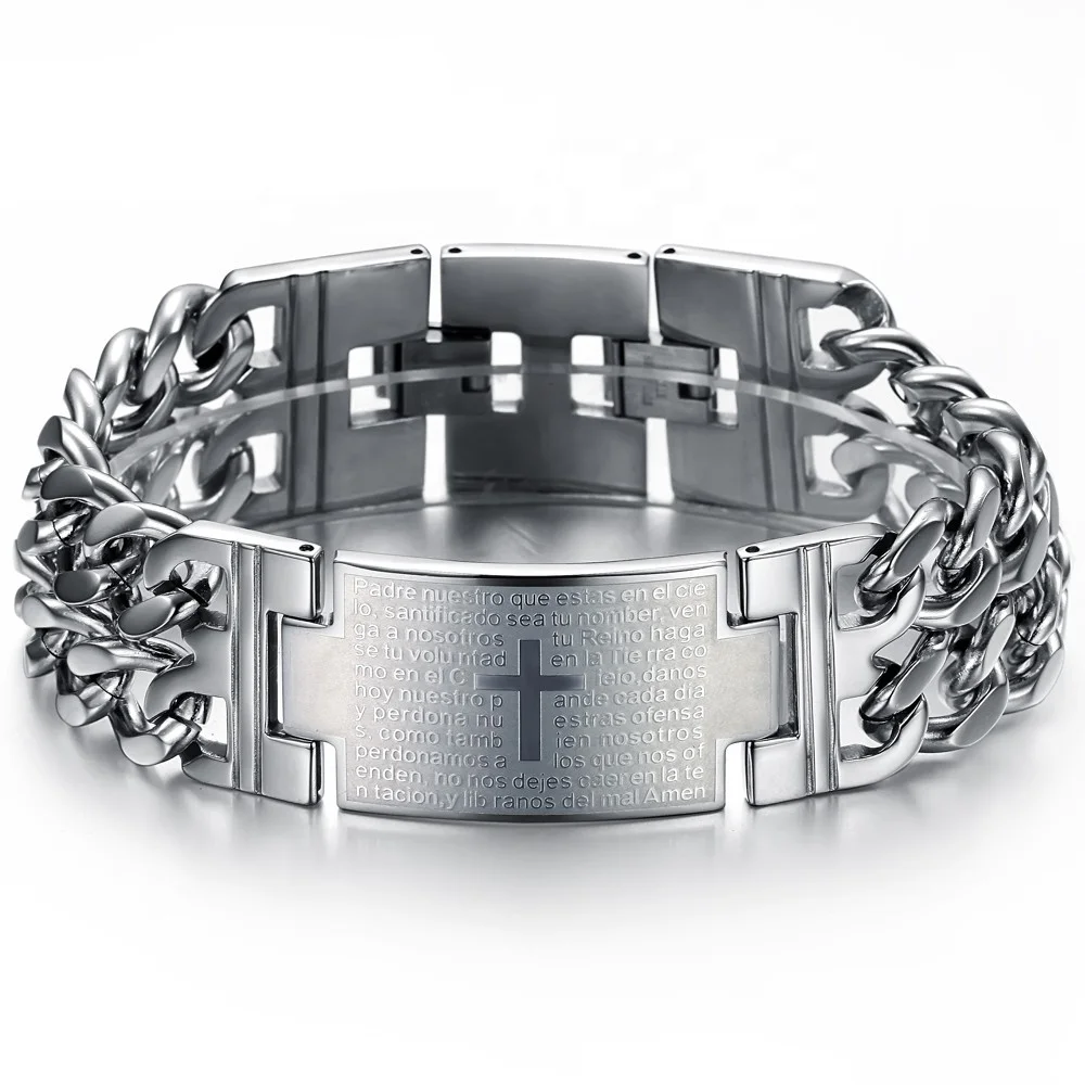 

Factory Supply Jewelry Special Spanish Crucifix Orthodox Lords Prayer Bible Verse Bracelet, Silver color