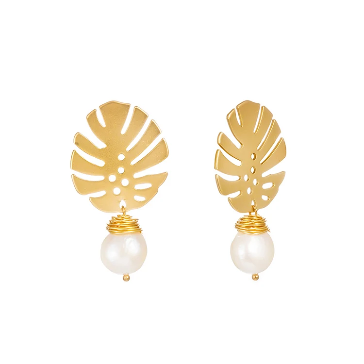 

Matte Gold Filled Monstera Leaf With Brass Wire Wrapped Freshwater Baroque Pearl Dangle Stud Earrings