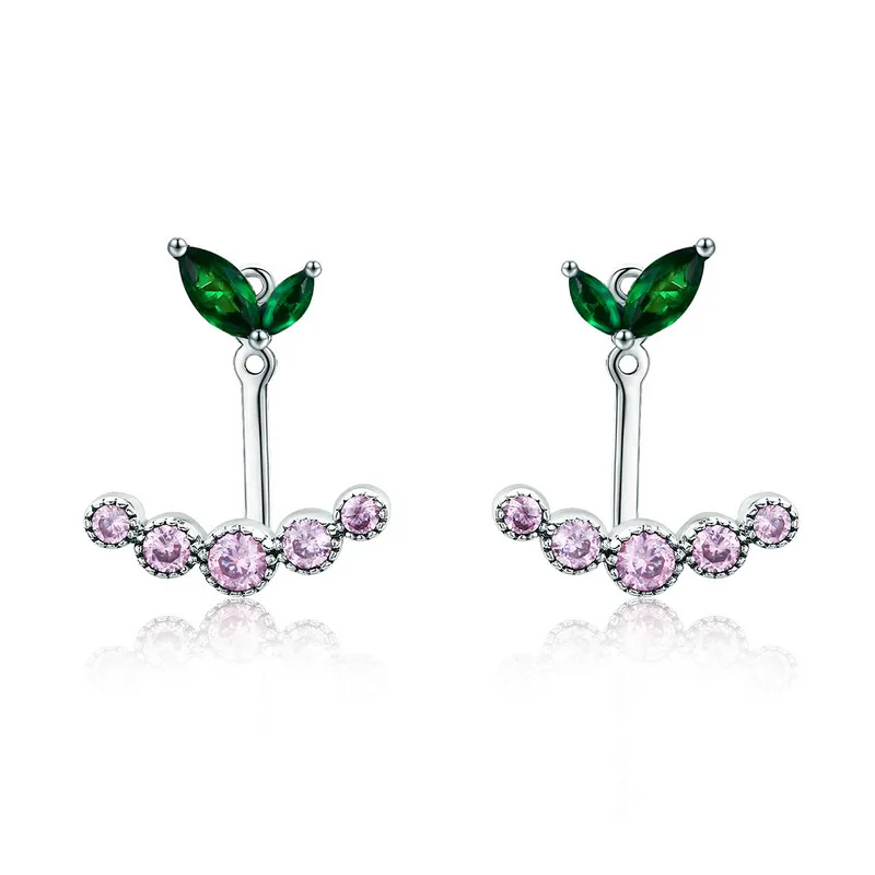 

925 Sterling Silver Spring Flower Buds Pink & Green CZ Stud Earrings for Women