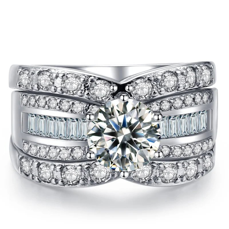 Oem design elegant fashionable low moq 18k white gold 3 piece cz engagement wedding rings sets for women YG018