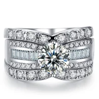 

Oem design elegant fashionable low moq 18k white gold 3 piece cz engagement wedding rings sets for women YG018