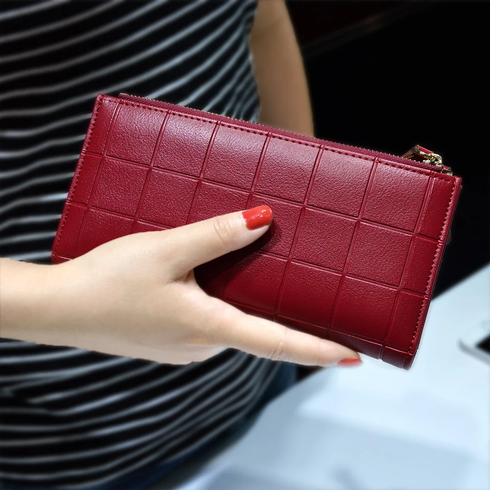 

Women Leather Purse Plaid Long Ladies Red Clutch 10 Card Holder Coin Bag Female Double Zipper Wallet, Wine red, blue, black, pink, dark green