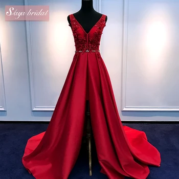 Red Deep V Beading Wedding Dress With Long Tail - Buy Wedding Dress ...