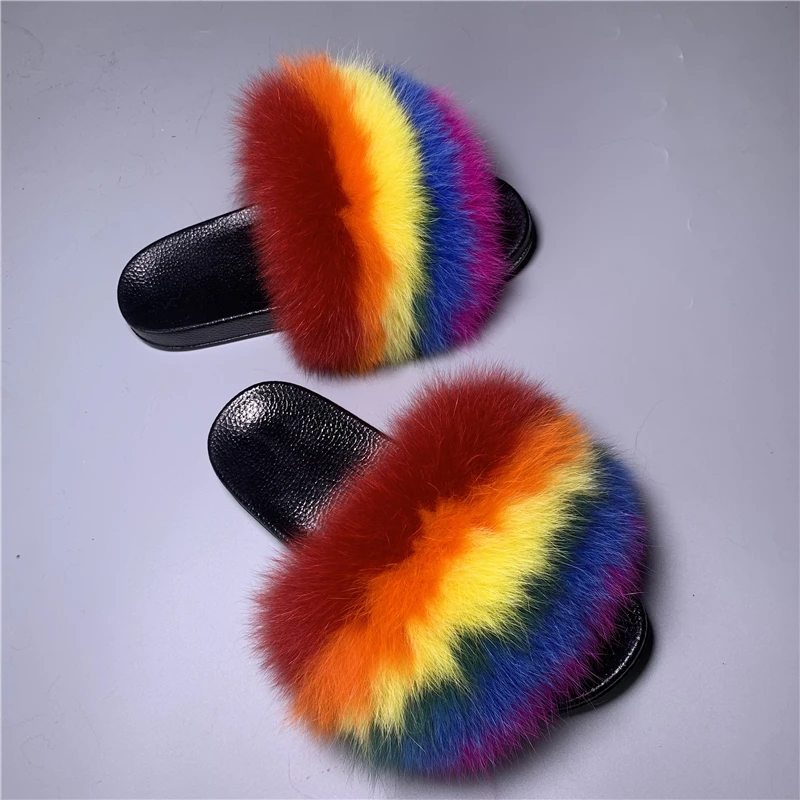 

2019 Fashionable Design Furry Women Real Fox Fur Slides Multi Fox Fur Slippers Girls Fur Slides