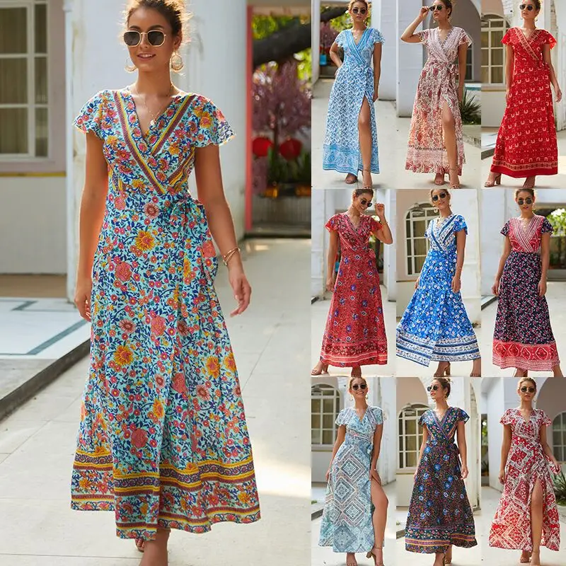 2019 Ecowalson Summer  Leisure Hot Sale  Froal Print V- Neck High Split Ankle length Dress