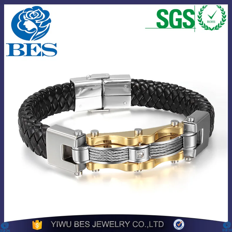 

Rock Style Genuine Leather Men Bracelet & Bangle 18K Gold Plated Titanium Bracelet Fashion Charm Bracelet with Delicate Clasp, As picture or your requirment