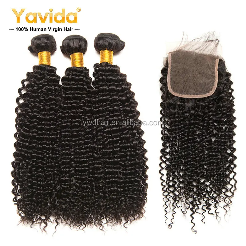 

Machine Double Weft Brazilian Virgin kinky Curly Wave Hair Weave 3 Bundles with a closure 100% Remy Human Hair Extensions