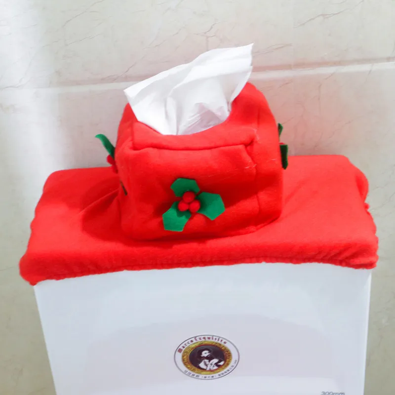 THEE 3pcs Toilet Set Decoración de Baño de Navidad Funda de Asiento y Alfombra y Caja de Tejido Caja de Regalo 