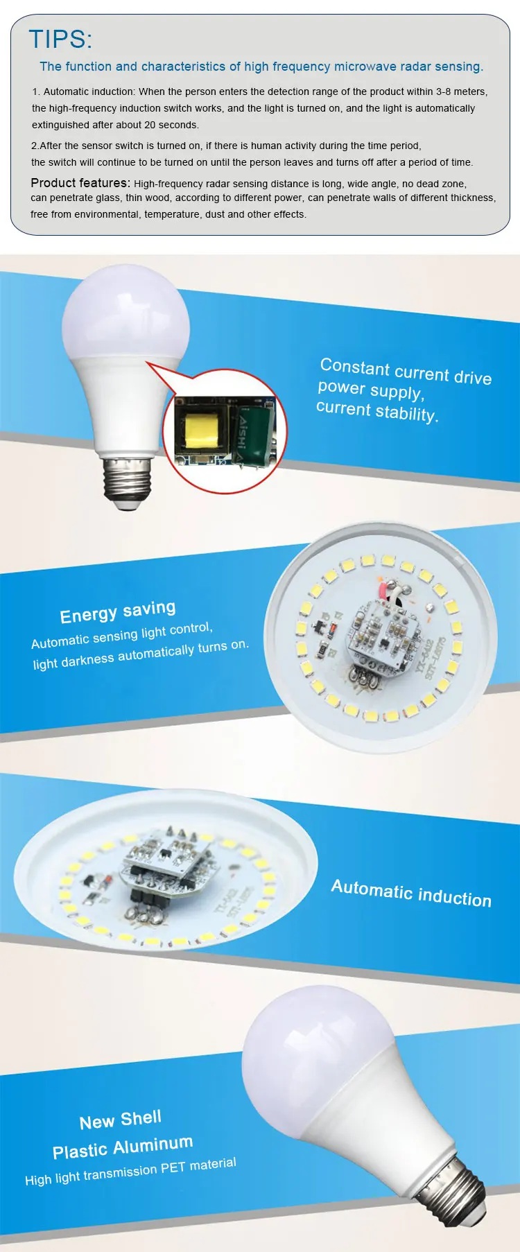 Microwave Radar Sensor Motion Detector Smart 7W Intelligent 5W LED Bulb Light
