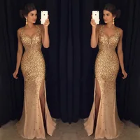 

lady V neck Sexy Fashion Sequin Party Women Elegant bridal golden evening party Dress Glitter High Split Maxi long Dress gowns