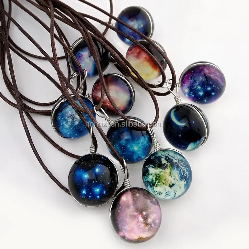 Planet Crystal Stars Ball Glass Galaxy Leather Chain Necklace Pendant Jewelry 