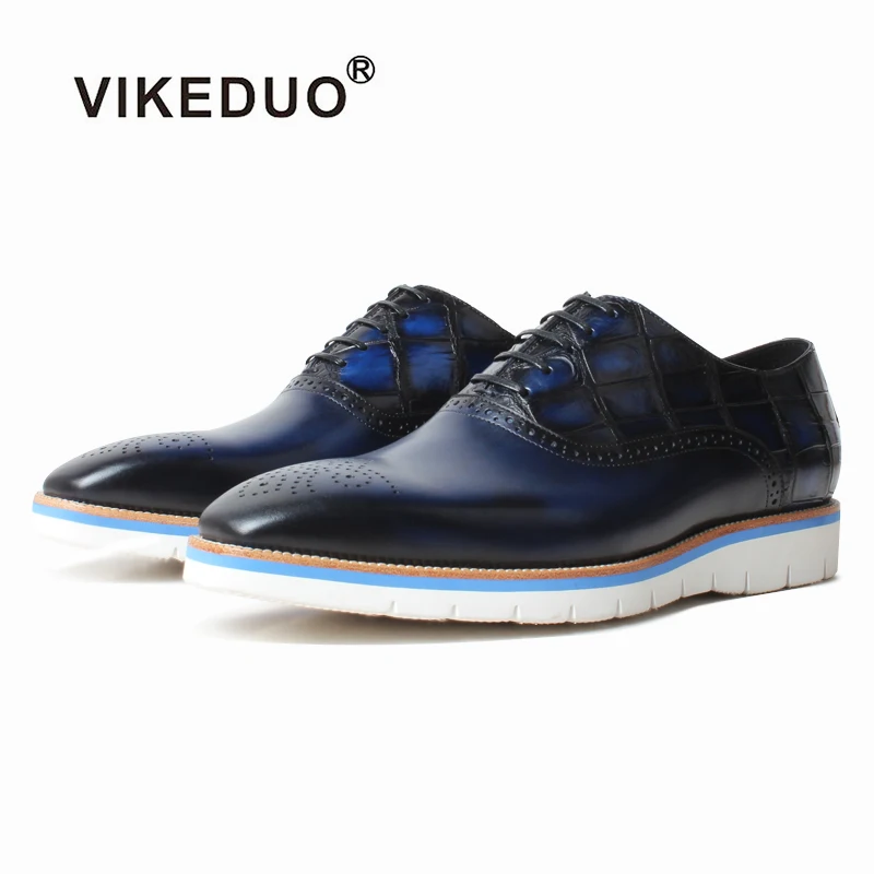 

Vikeduo Hand Made Shopping Calf & Crocodile Skin Blue Italian Dress Shoes Men's Formal Leather Shoes