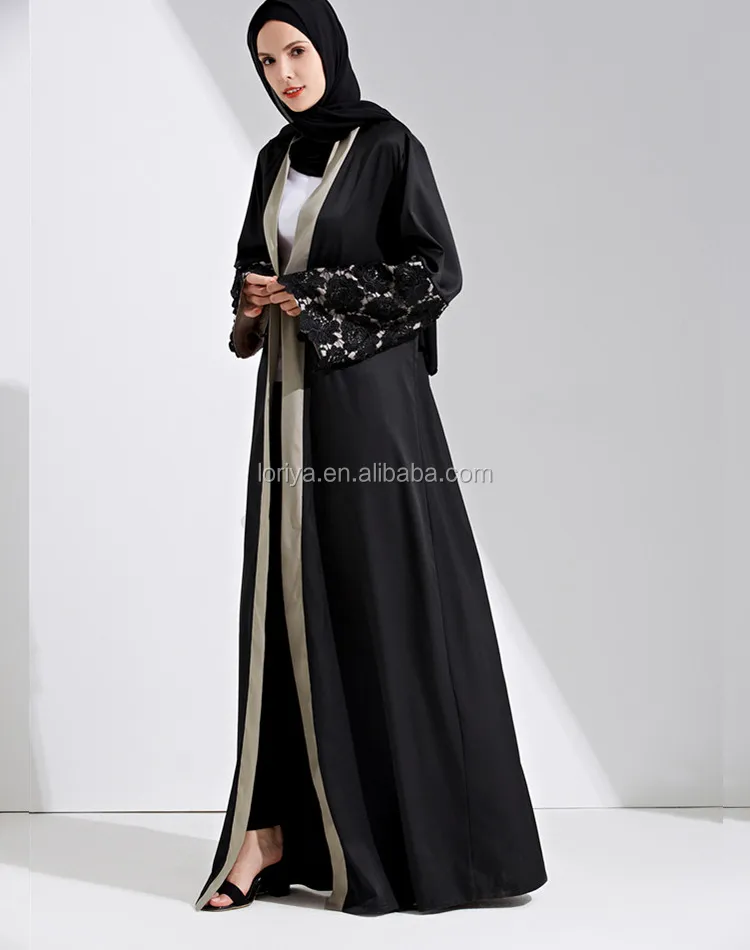 Women Muslim Cardigan Black Lace Long Wide Sleeve Islamic Dubai Abaya ...