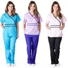 Designer Medical Scrubs Uniform Sets Women's Contrast Mock Wrap Scrub Set With Wrap Top and Flare Leg Pants Medical Scrubs Set