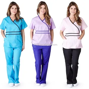 Designer Medical Scrubs Uniform Sets Women's Contrast Mock Wrap Scrub Set With Wrap Top and Flare Leg Pants Medical Scrubs Set Designer Medical Scrubs Uniform Sets Women's Contrast Mock Wrap Scrub Set With Wrap Top and Flare Leg Pants Medical Scrubs Set