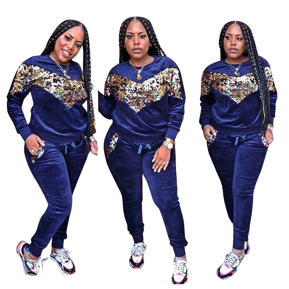 Winter Sequined Velvet Fashion Hoodie And Drawstring Pants Sweat Suit Casual Women Two Piece Outfit