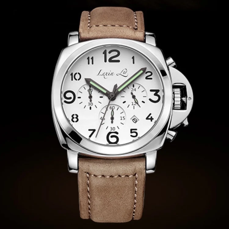 

China factory classic alloy case stainless steel case back genuine leather strap men's chronograph watch, Colors